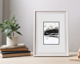 ORIGINAL abstract BLACK WHITE tiny ink art painting. Minimalist Abstract landscape line drawing. Small Framed Contemporary graphic design.