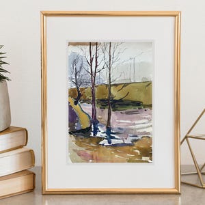 ORIGINAL Vintage watercolor landscape painting. Spring Ukrainian nature sketch art painting. Small Aquarelle Sage Green interior wall art.