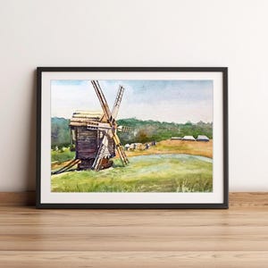 ORIGINAL Ukrainische Landschaftsmalerei. Alte MÜHLE Aquarellmalerei. Sommer Natur Landschaft. Signiertes grünes Wandkunst Geschenk.