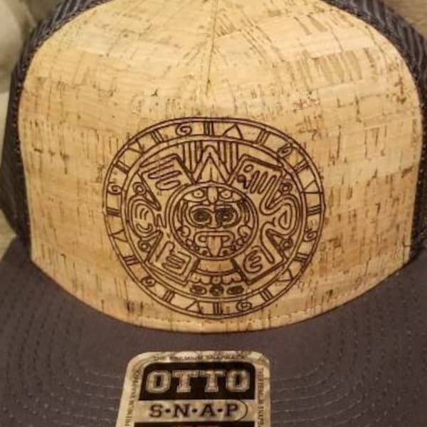 HATSOFCORK Aztec/Mayan Laser-Etched Cork Trucker Hat - Custom Design, Flat Brim, Snap Back. Stylish and Sustainable Headwear!