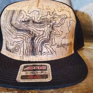 HATSOFCORK Topo nomad laser etched cork hat. Custom design services available. Flat Brim Mesh back adjustable cap. Trucker hat. Grand Canyon