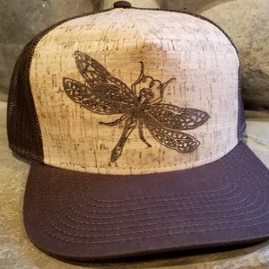 HATSOFCORK Dragonfly Cork Hat. Custom  Laser Etched Cork Hat.  Snap Mesh Snap Back Art Hat