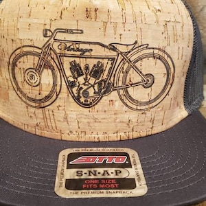HATSOFCORK vintage flat track racer motorcycle hat. Laser etched in cork.