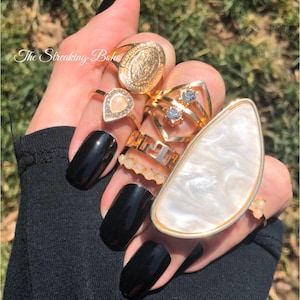 Gold Boho Crystal Stacking Ring set with Large adjustable acrylic finger ring and fire opal