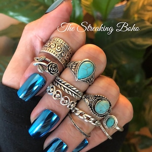 10pc Vintage Silver Turquoise Bohomeian Knuckle Midi Ring Stacking Set
