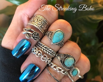 10pc Vintage Silver Turquoise Bohomeian Knuckle Midi Ring Stacking Set