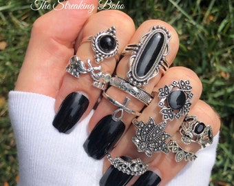 11pc Gothic Princess Stackable Ring Set with Black Onyx and Tiara Ring