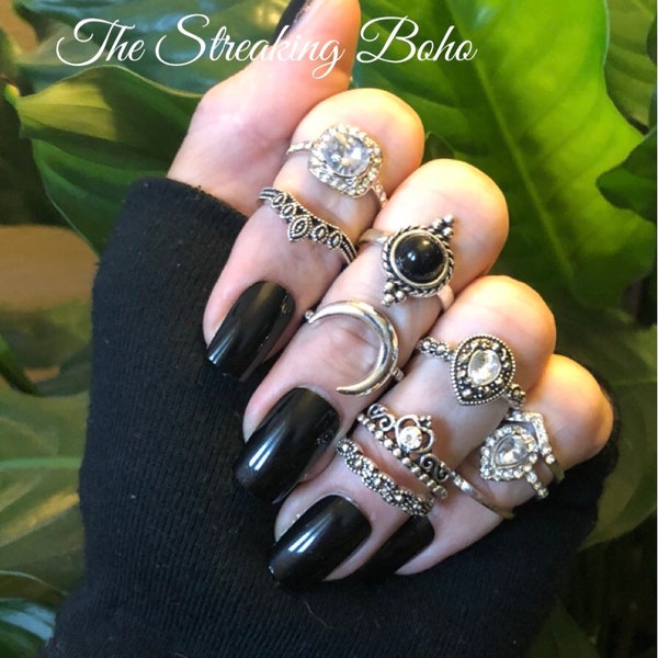 The Diamond Princess 10pc Boho Knuckle Stacking Ring set with Tiara Ring -Diamond Ring - Knuckle Rings - Midi Rings - Gothic Rings