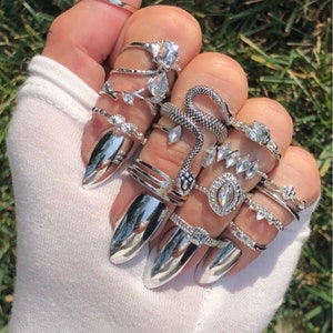 The Diamond Back 16pc Silver Snake Ring Stacking Set with Clear cz Crystals