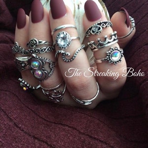 The Moon Queen 16pc Silver Boho Stacking Ring Set - Crystal Ring Set - Moonstone Ring