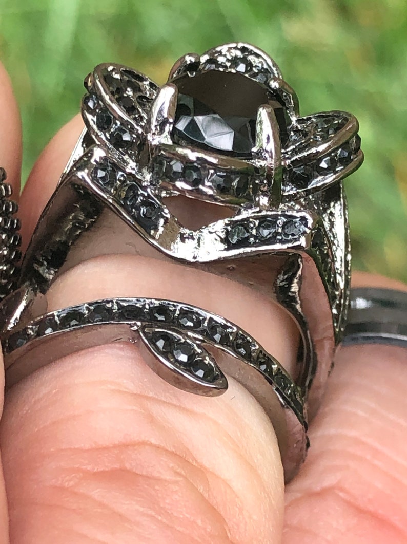 and Spinner Ring Black CZ The Black Rose Gothic Bridal 5pc Stacking Ring Set with Black Onyx