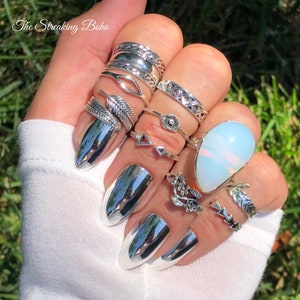 10pc Silver Boho Stacking Ring Set with Adjustable Sea Opal Ring