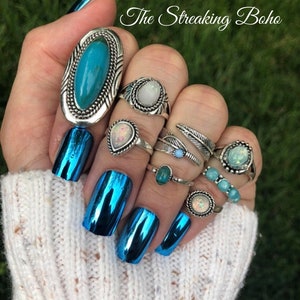 Blue Turquoise and Fire Opal 8pc Boho Stacking Ring Set - Knuckle Ring - Midi Ring - Silver Ring