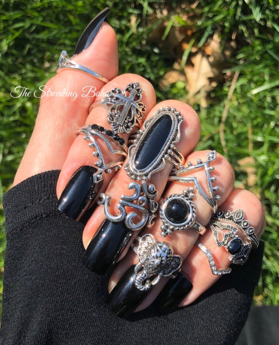 The Gothic Boho 12pc Stacking Ring Set With Cross Ring - Etsy