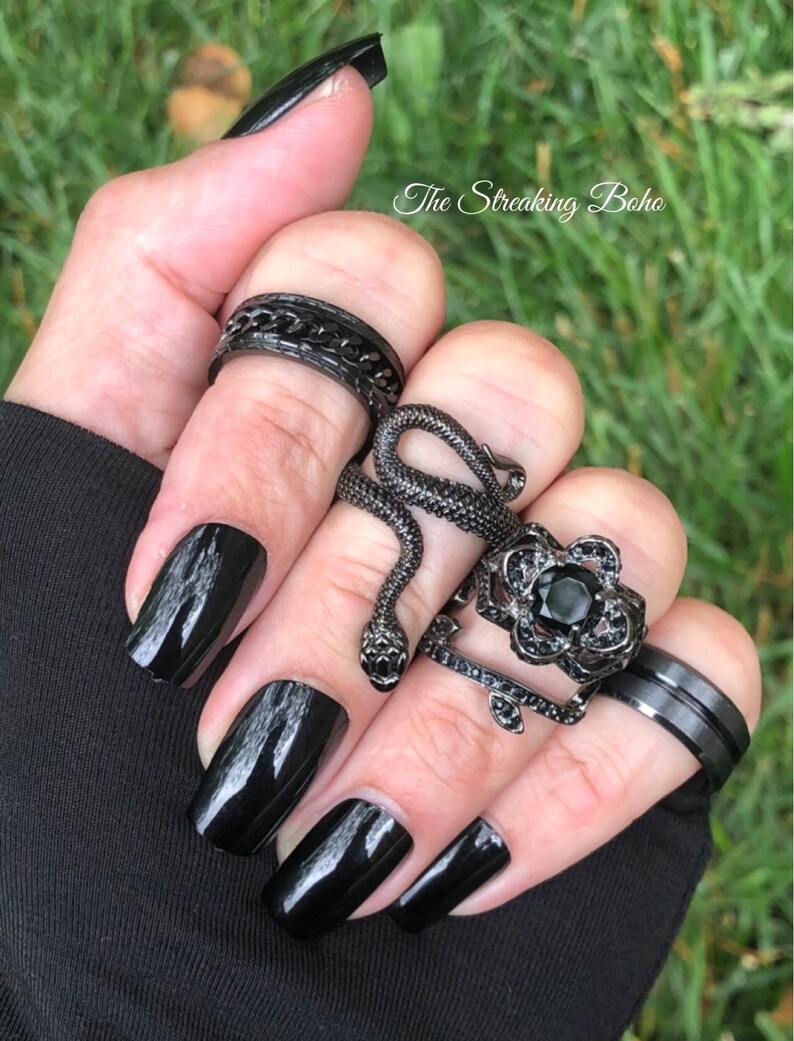 and Spinner Ring Black CZ The Black Rose Gothic Bridal 5pc Stacking Ring Set with Black Onyx