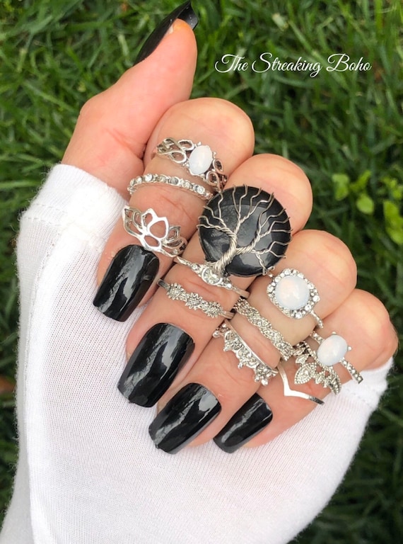 The Gothic Boho Stacking Ring Set With Wire Wrapped Black Onyx