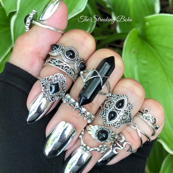 The Gothic Witchcraft 12pc stacking ring set with Black Onyx Wire Wrapped Adjustable ring - skull ring