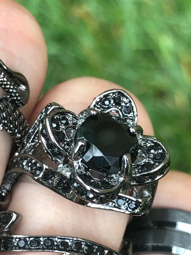 and Spinner Ring Black CZ The Black Rose Gothic Bridal 5pc Stacking Ring Set with Black Onyx
