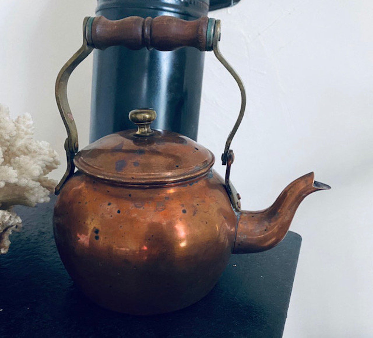 Vintage Antique Copper Tea Kettle Small Petite Wood Handle Etsy