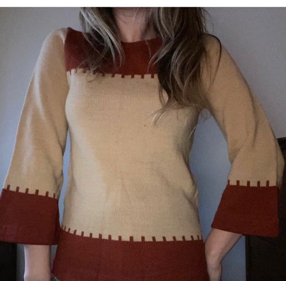 Vintage 1970s Boho Beige and Rust Brick Brown Lon… - image 3