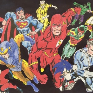 May include: A colourful illustration of various superheroes, including Superman, The Flash, and Quicksilver. The characters are drawn in a comic book style with bold lines and bright colours.