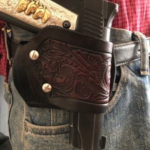 Leather Yaqui Slide Holster w Floral Scroll Pattern Fits Colt Model 1911 & Clones Kimber Ruger Taurus Springfield RIA ATI STI