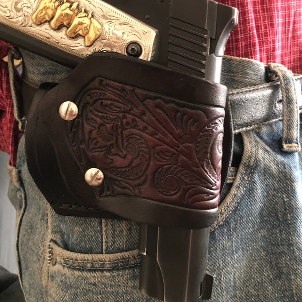 Leather Yaqui Holster w Floral Scroll Pattern Fits Colt Model 1911 & Clones Kimber Ruger Taurus Springfield RIA ATI STI