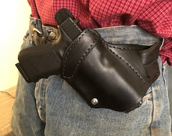 Leren holster met open bovenzijde en kruislingse sluiting, past op Glock 17 19 22 23 45 48