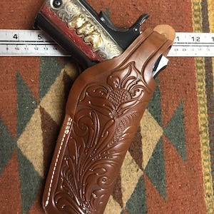 Tanned Leather Holster with Floral Scroll Fits Colt Springfield Ruger RIA Taurus ATI Kimber Model 1911