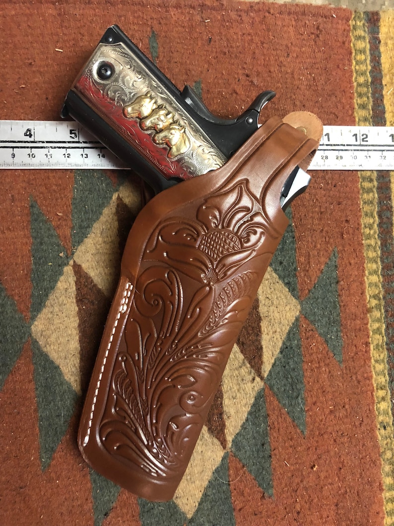 Tanned Leather Holster with Floral Scroll Fits Colt Springfield Ruger RIA Taurus ATI Kimber Model 1911 image 1