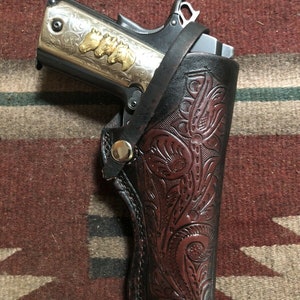 Leather Field Holster Fits Colt RIA Citadel ATI Cimarron 45 Model 1911 w Floral Scroll Pattern Dark Burgundy or Dark Brown