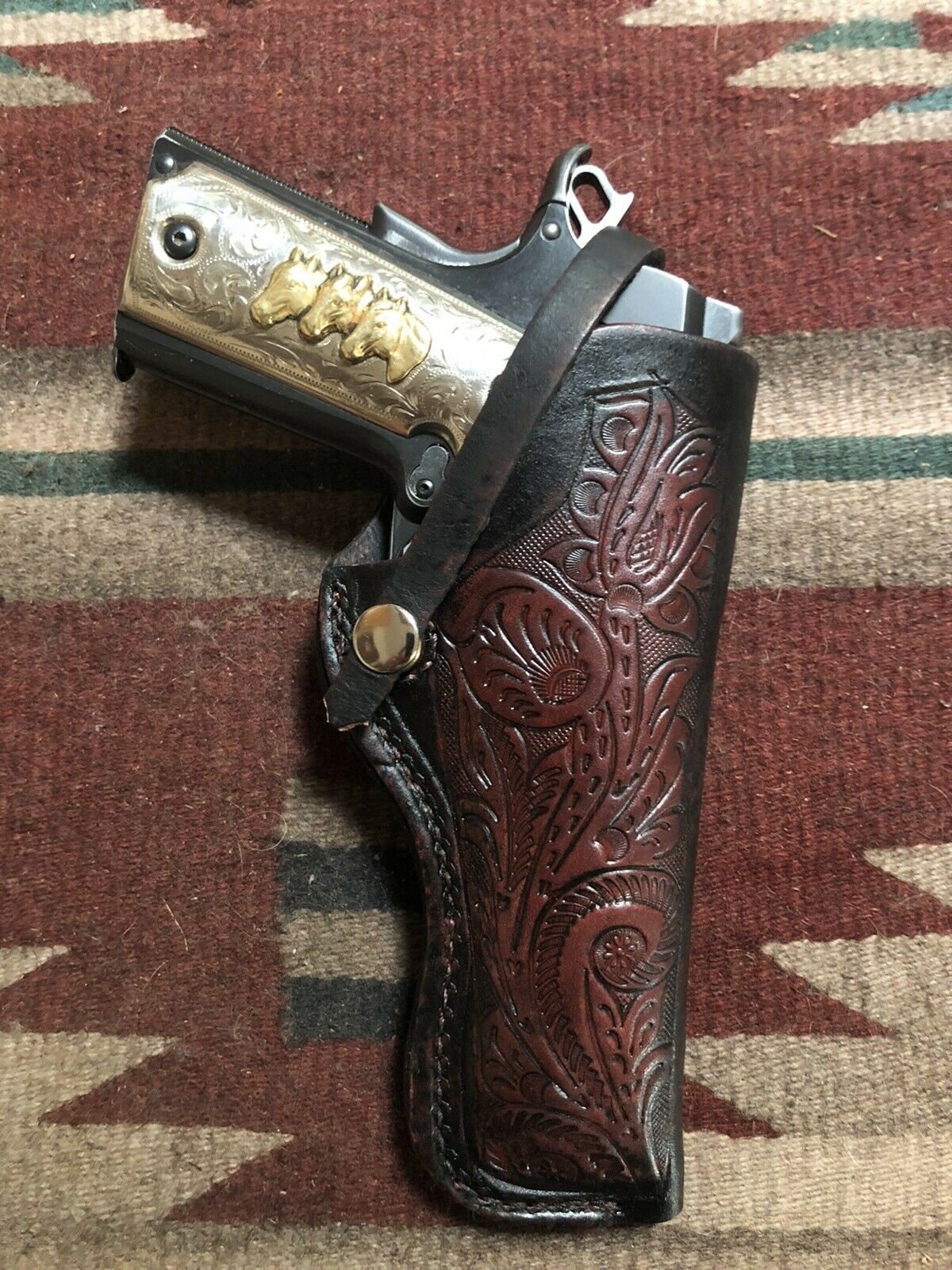 Leather Field Holster Fits Colt RIA Citadel ATI Cimarron 45 Model 1911 w Floral Scroll Pattern Dark Burgundy or Dark Brown