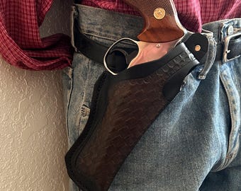 fits S&W 686 586 66 19 Ruger GP100 Taurus 66 627 Colt Python Leather Thumb Break Holster Basketweave