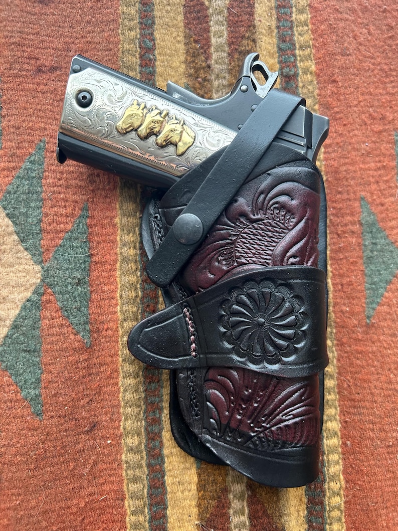 Western Läderhölster med Blommigt Skuggmönster Passar Colt Kimber Springfield Ruger RIA Modell 1911 bild 2