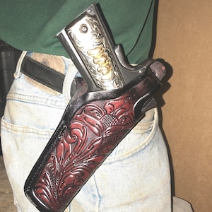 Leather Thumb Break Holster w Floral Scroll FITS Colt Ruger Springfield RIA Kimber ATI Model 1911