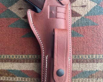 Funda de cuero curtido para Ruger Mark I II III IV con portacargador para Mk y Standard, cañones de 4.75, 5.5, 6 y 6.88 pulgadas, con bandera de Texas o de EE. UU.