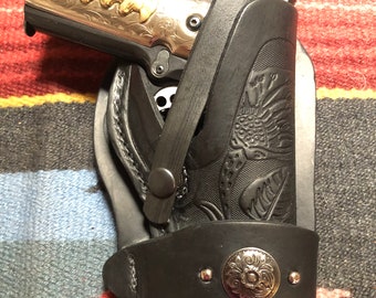 Western Leather Holster Fits the Colt Kimber Springfield 45 Model 1911 w Floral Scroll Pattern & Concho Wild Bunch Style
