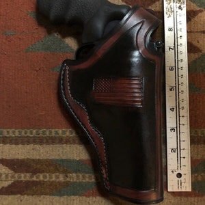 FITS S&W 25 27 28 29 625 627 629 Taurus Model 44 Ruger Redhawk 4&quot; Barrel Leather Field Holster w/ Flag