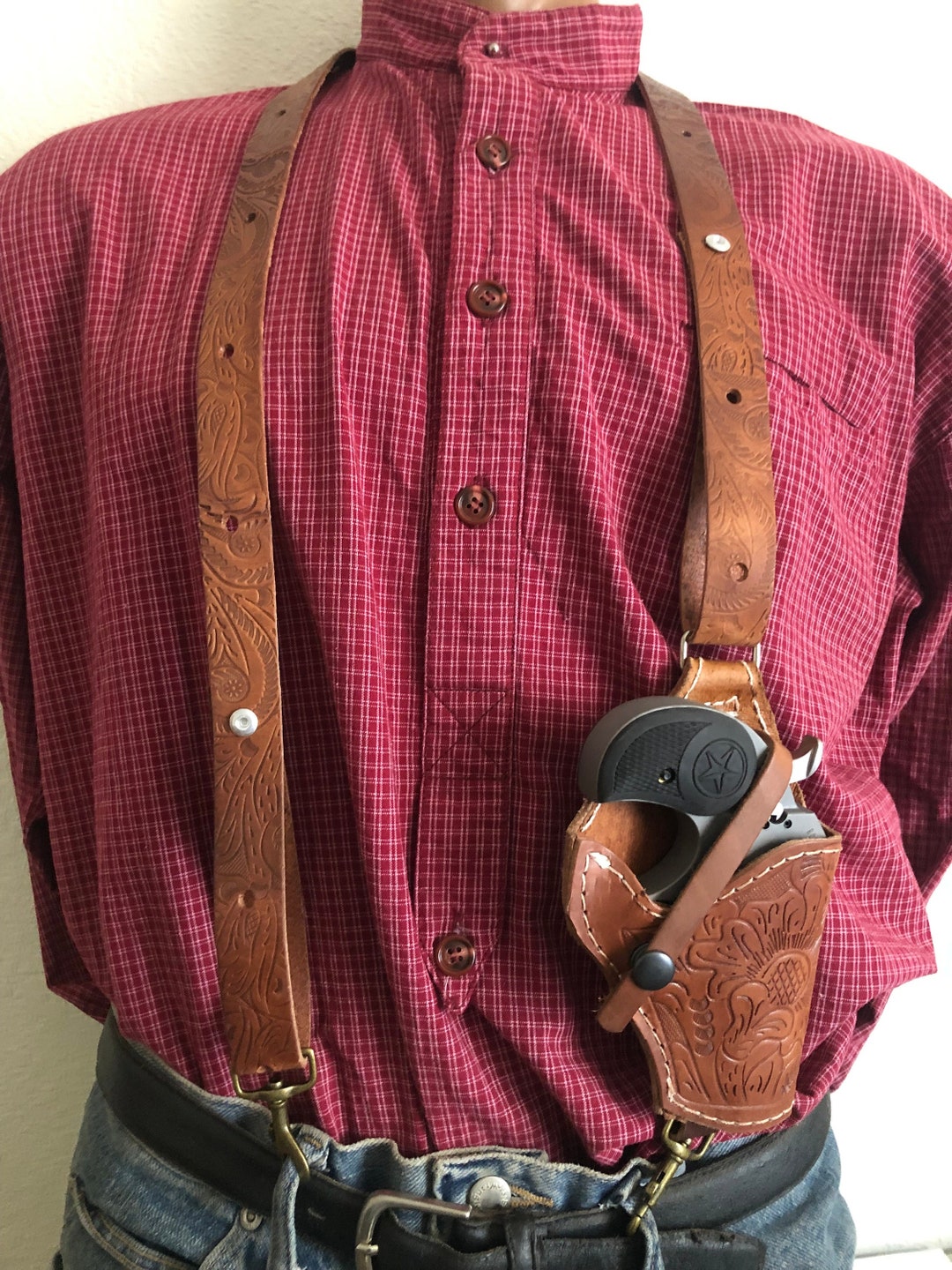 Leather Suspenders W/ Derringer Holster Fits Bond Arms Derringers With