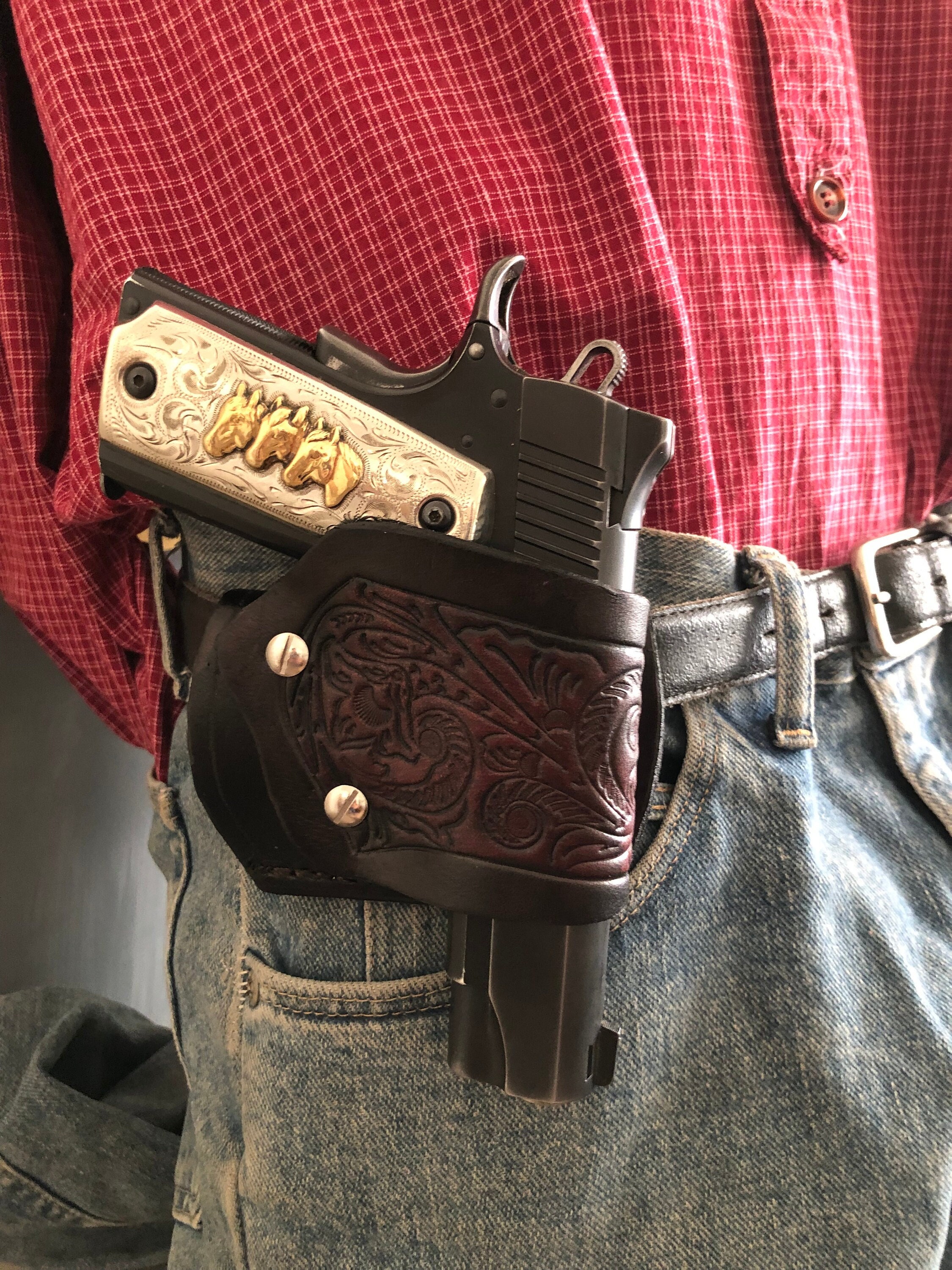 Leather Yaqui Slide Holster w Floral Scroll Pattern Fits Colt Model…