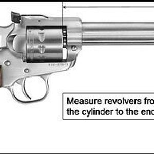 May include: A silver revolver with a wooden grip. The revolver has a black barrel and a silver cylinder. The text "Measure revolvers from the face of the cylinder to the end of the barrel." is printed below the revolver.