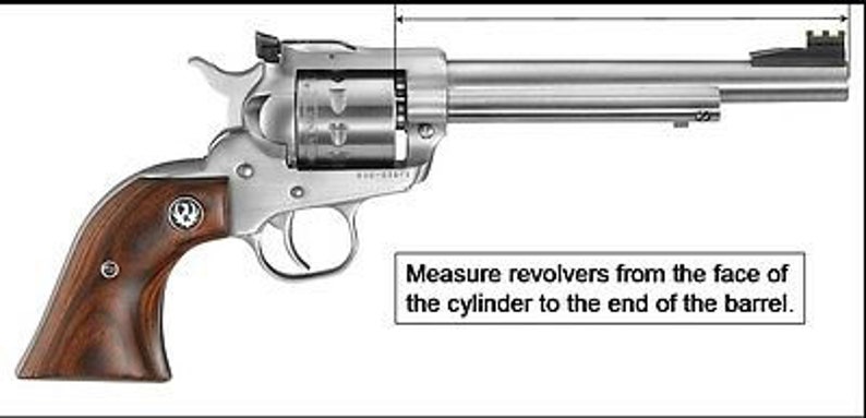 May include: A silver revolver with a wooden grip. The revolver has a black barrel and a silver cylinder. The text "Measure revolvers from the face of the cylinder to the end of the barrel." is printed below the revolver.