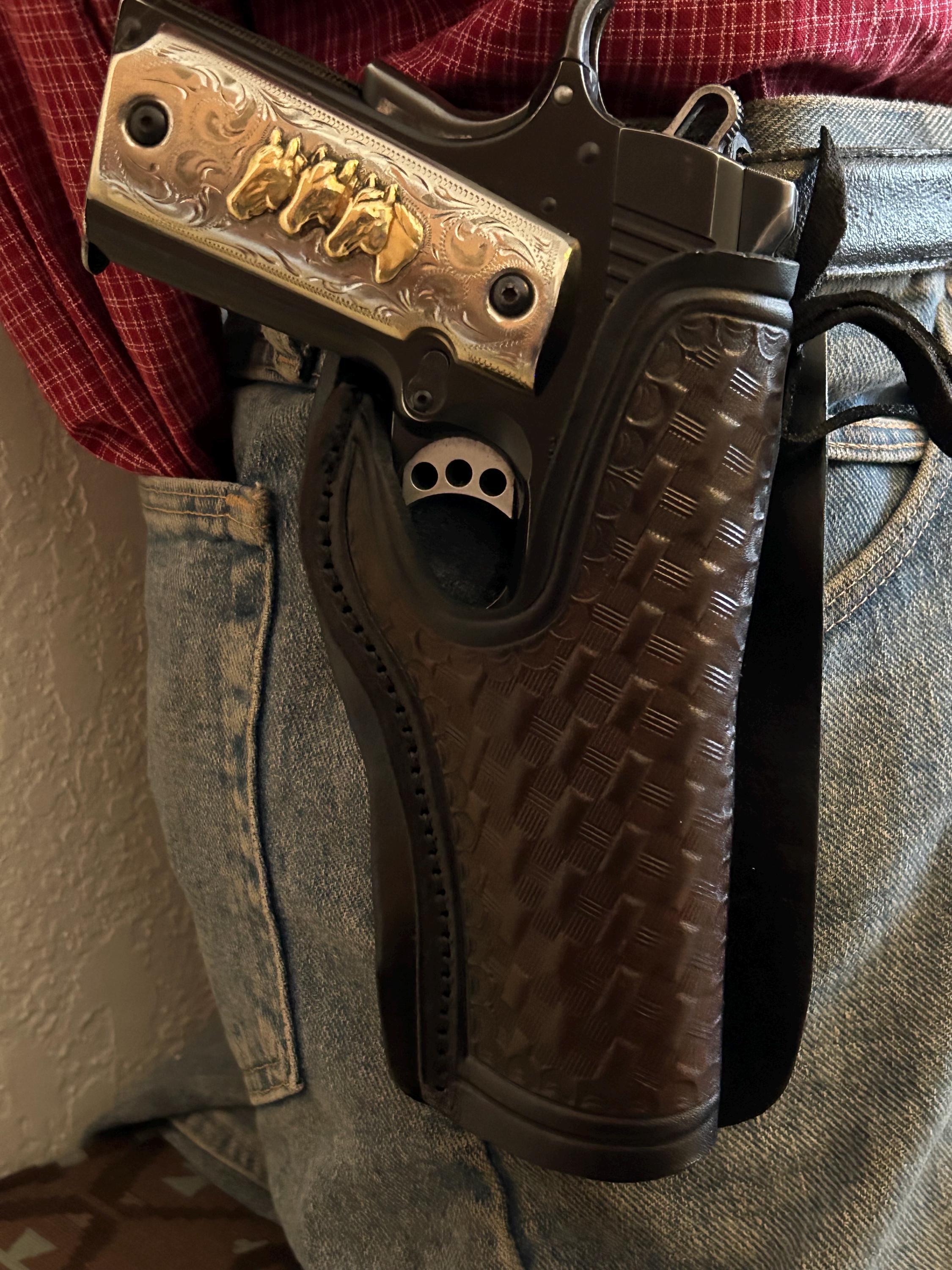 Western Leather Holster Fits the Colt 45 Model 1911 w Basketweave Pattern Kimber Springfield Ruger RIA Citadel ATI Model 1911