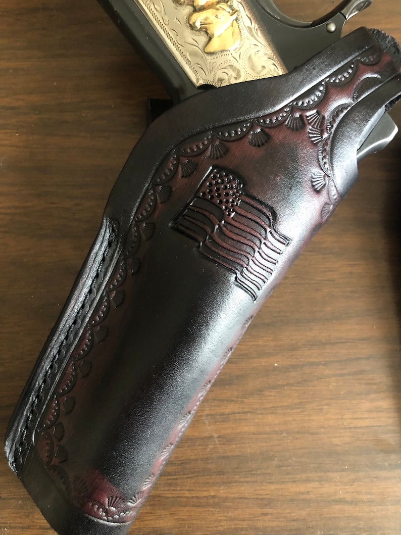 Funda de cuero con retención de pulgar y portacargador para Colt, Kimber, Ruger, RIA, Taurus, STI Modelo 1911 con bandera de EE. UU. imagen 2