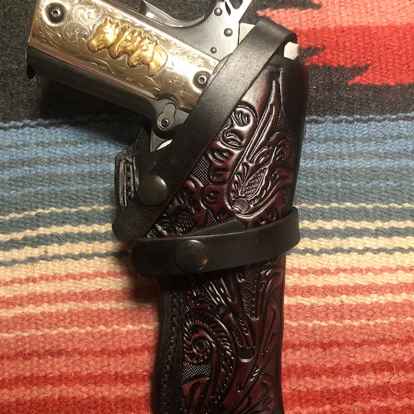 Western Leather Holster Fits the Colt 45 Model 1911 w Floral Scroll Pattern Kimber Springfield Ruger RIA Citadel ATI M1911