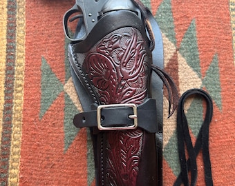 Cowboy Western Fast Draw Leather Holster Fits Colt SAA 1873 Ruger Wrangler Uberti Cattleman Heritage Rough Rider w Floral Burgundy Finish
