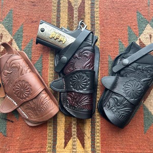 Western Leather Holster w Floral Scroll Fits Colt Kimber Springfield Ruger RIA Model 1911