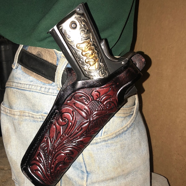 Leather Thumb Break Holster w Floral Scroll FITS Colt Ruger Springfield RIA Kimber ATI Govt Model 1911