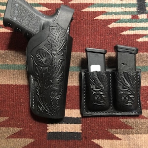 Ensemble étui en cuir avec motif floral à volutes et double pochette pour magazines pour Glock 17/22