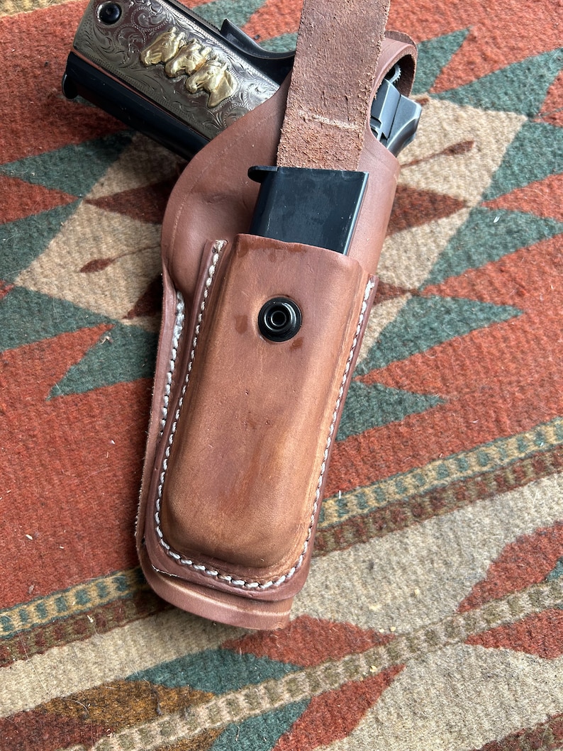 Leather Thumb Break Holster with Spare Pouch Fits Colt Springfield Ruger Remington RIA ATI Citadel Sig Taurus Model 1911 image 4